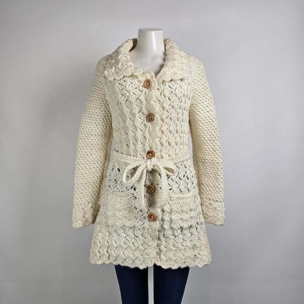 Vintage Hand Knit Wood Buttons Belted Long Cardigan Jacket Size S/M
